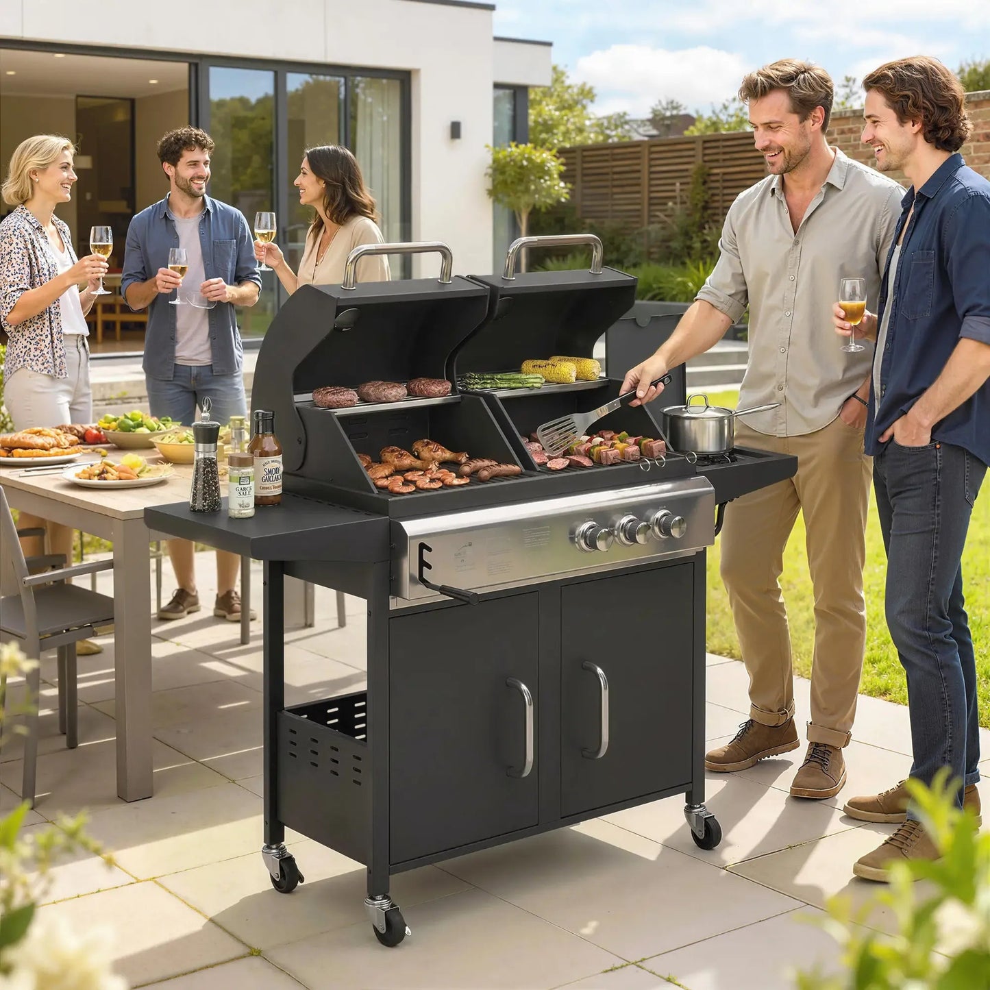 Black outsunny dual-fuel gas and charcoal bbq grill with stainless steel accents and casters for versatile outdoor cooking