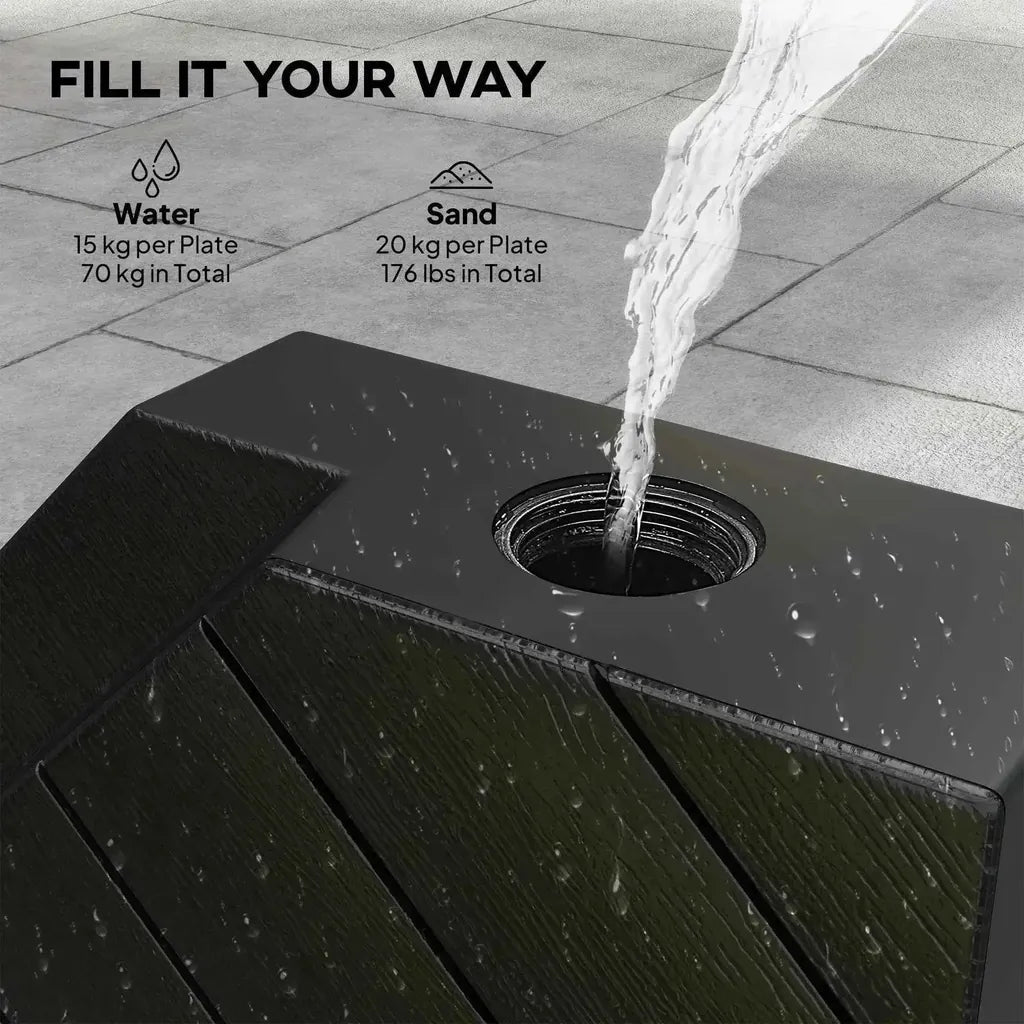 Black textured Outsunny fillable parasol base set with 80kg sand and 60kg water capacity featuring a central water flow opening