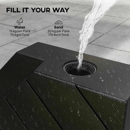 Black textured Outsunny fillable parasol base set with 80kg sand and 60kg water capacity featuring a central water flow opening