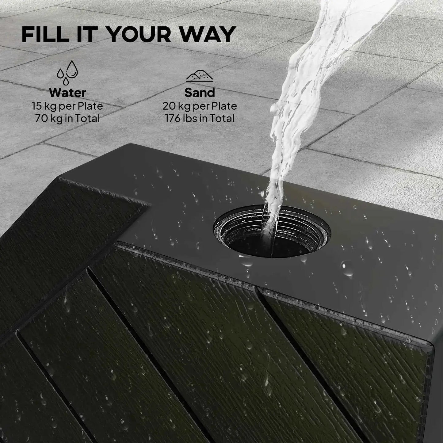 Outsunny Fillable Parasol Base – Set of 4, 80kg Sand, 60kg Water Black | 84D-277V00BK