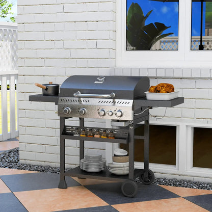 Outsunny Five - Burner Steel Gas Grill, with Thermometer - Black 846 - 136V70BK - Garden & Outdoor
