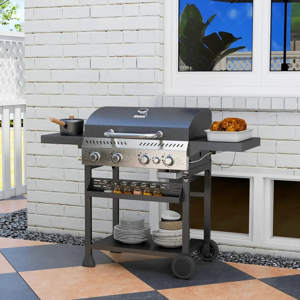 Black stainless steel Outsunny five-burner gas grill with side shelves thermometer and wheels for outdoor cooking