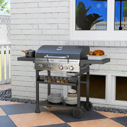 Black stainless steel Outsunny five-burner gas grill with side shelves thermometer and wheels for outdoor cooking