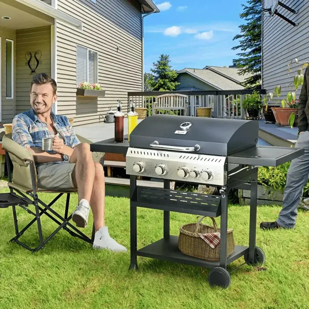 Outsunny Five - Burner Steel Gas Grill, with Thermometer - Black 846 - 136V70BK - Garden & Outdoor