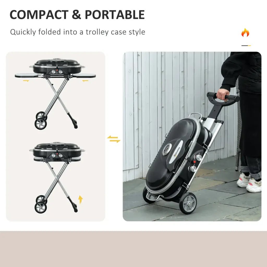 Outsunny Foldable Gas BBQ Grill 2 Burner Garden Barbecue Trolley w/ Lid Side Shelves Storage Pocket Piezo Ignition Thermometer, Aluminium Alloy 846 - 074 - Garden & Outdoor