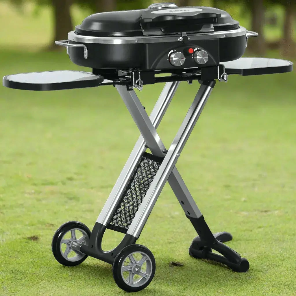 Outsunny Foldable 2 - Burner Gas BBQ Grill with Trolley & Shelves - Black | 846 - 074 - BBQs & Grills