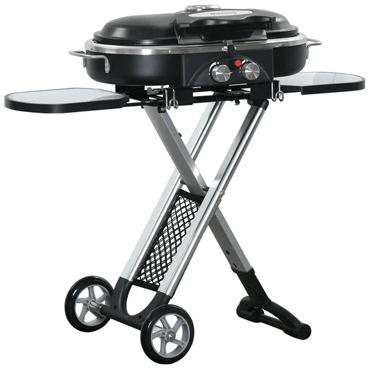 Outsunny Foldable Gas BBQ Grill 2 Burner Garden Barbecue Trolley w/ Lid Side Shelves Storage Pocket Piezo Ignition Thermometer, Aluminium Alloy 846 - 074 - Garden & Outdoor