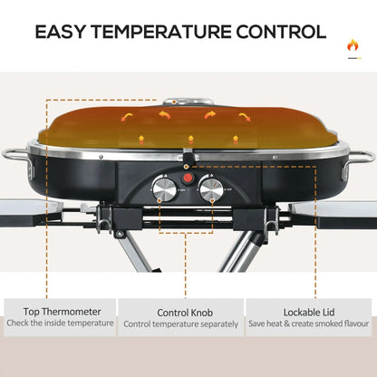 Outsunny Foldable Gas BBQ Grill 2 Burner Garden Barbecue Trolley w/ Lid Side Shelves Storage Pocket Piezo Ignition Thermometer, Aluminium Alloy 846 - 074 - Garden & Outdoor