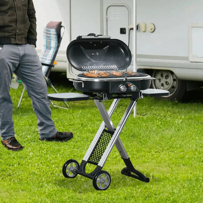 Outsunny foldable 2-burner black gas BBQ grill with trolley, round cooking surface, silver folding legs, and side shelves