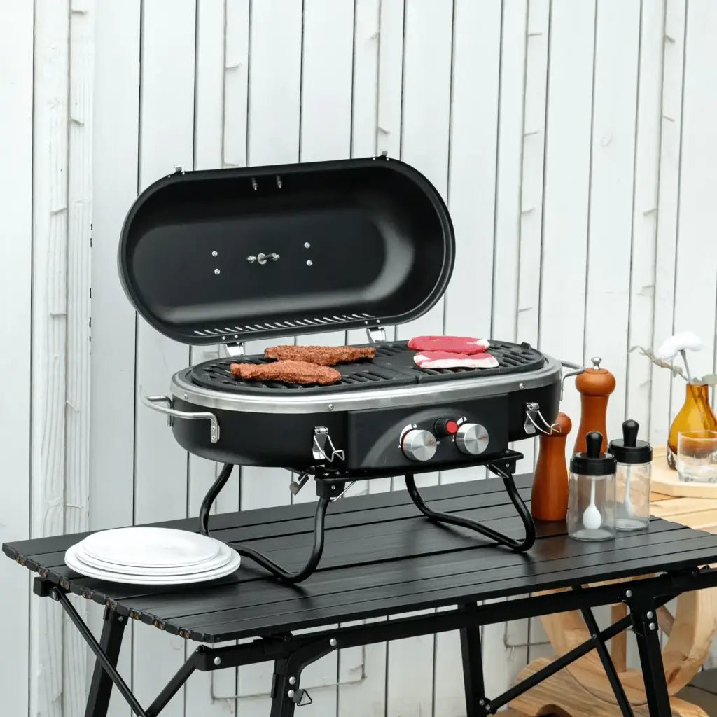 Outsunny Foldable Gas BBQ Grill 2 Burner Table Top Barbecue with Lid Piezo Ignition Thermometer for Camping Picnic Cooking, Aluminium Alloy 846 - 072 - Garden & Outdoor