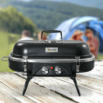 Outsunny Foldable Gas BBQ Grill 2 Burner Table Top Barbecue with Lid Piezo Ignition Thermometer for Camping Picnic Cooking, Aluminium Alloy 846 - 072 - Garden & Outdoor