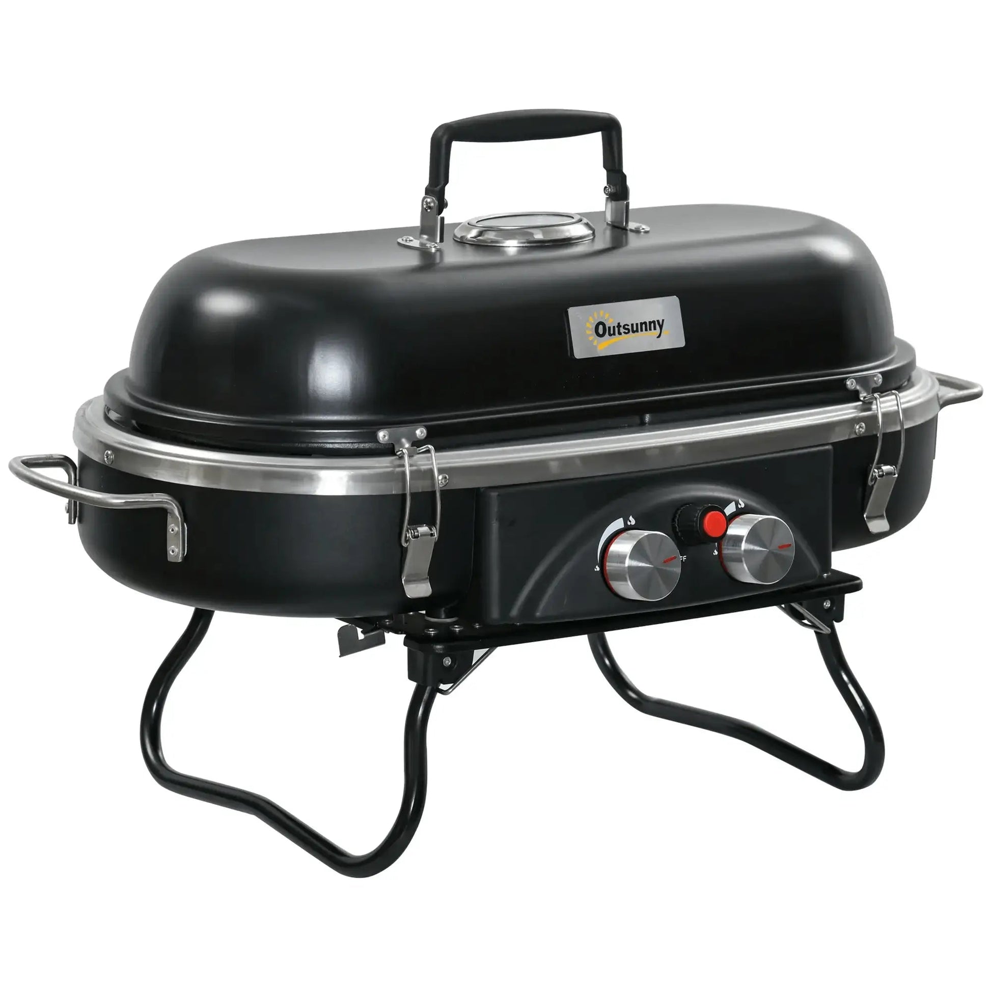 Outsunny Foldable Gas BBQ Grill 2 Burner Table Top Barbecue with Lid Piezo Ignition Thermometer for Camping Picnic Cooking, Aluminium Alloy 846 - 072 - Garden & Outdoor