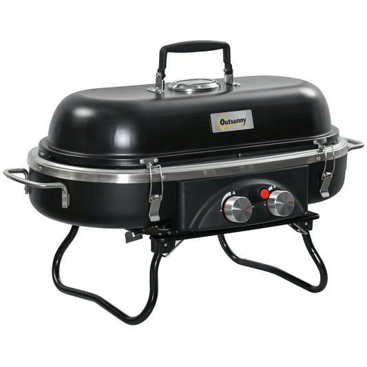 Outsunny Foldable Gas BBQ Grill 2 Burner Table Top Barbecue with Lid Piezo Ignition Thermometer for Camping Picnic Cooking, Aluminium Alloy 846 - 072 - Garden & Outdoor
