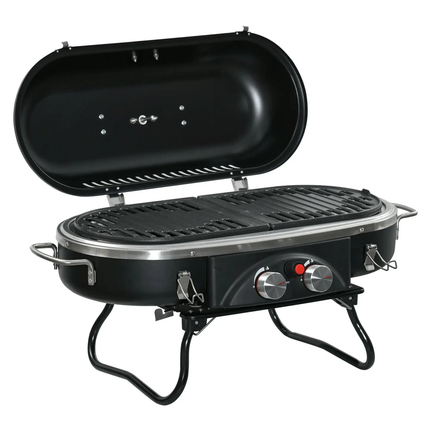 Outsunny Foldable Gas BBQ Grill 2 Burner Table Top Barbecue with Lid Piezo Ignition Thermometer for Camping Picnic Cooking, Aluminium Alloy 846 - 072 - Garden & Outdoor