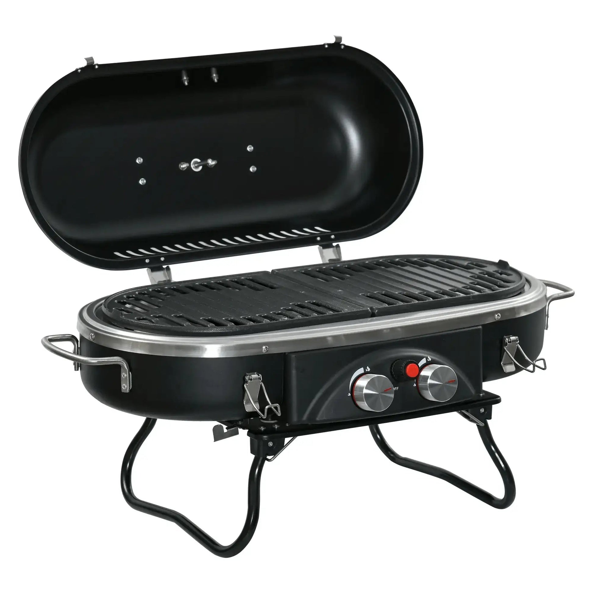 Outsunny Foldable Gas BBQ Grill 2 Burner Table Top Barbecue with Lid Piezo Ignition Thermometer for Camping Picnic Cooking, Aluminium Alloy 846 - 072 - Garden & Outdoor