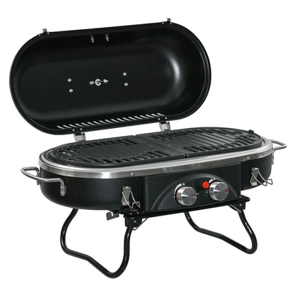 Outsunny Foldable Gas BBQ Grill 2 Burner Table Top Barbecue with Lid Piezo Ignition Thermometer for Camping Picnic Cooking, Aluminium Alloy 846 - 072 - Garden & Outdoor