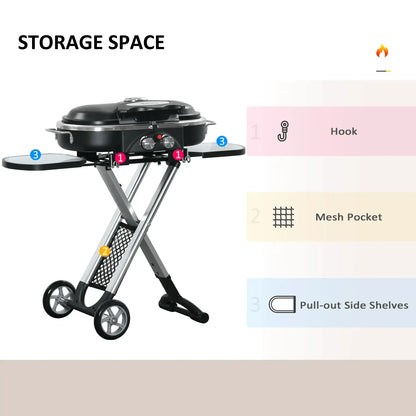 Outsunny Foldable Gas BBQ Grill 2 Burner Garden Barbecue Trolley w/ Lid Side Shelves Storage Pocket Piezo Ignition Thermometer, Aluminium Alloy 846 - 074 - Garden & Outdoor