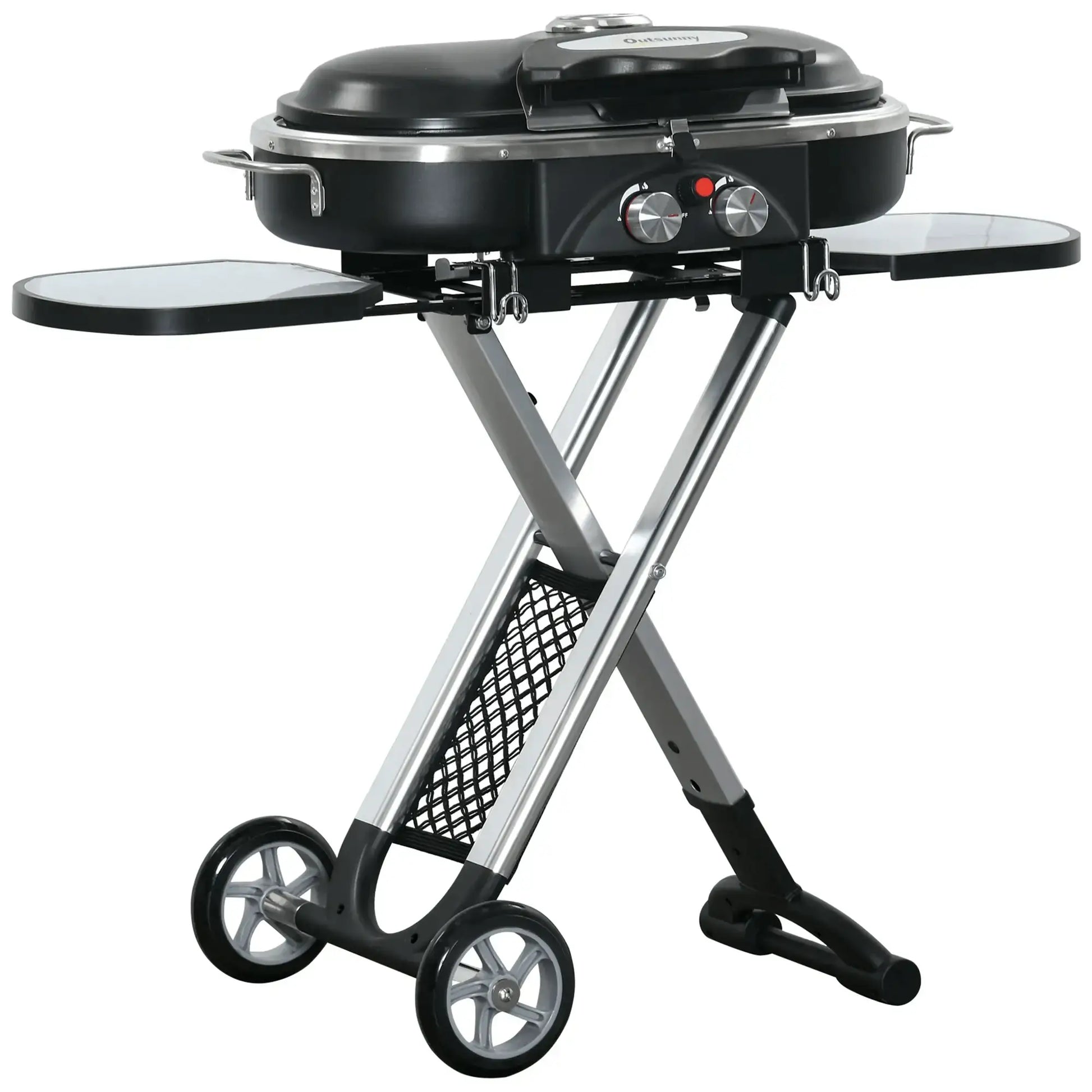 Outsunny Foldable Gas BBQ Grill 2 Burner Garden Barbecue Trolley w/ Lid Side Shelves Storage Pocket Piezo Ignition Thermometer, Aluminium Alloy 846 - 074 - Garden & Outdoor