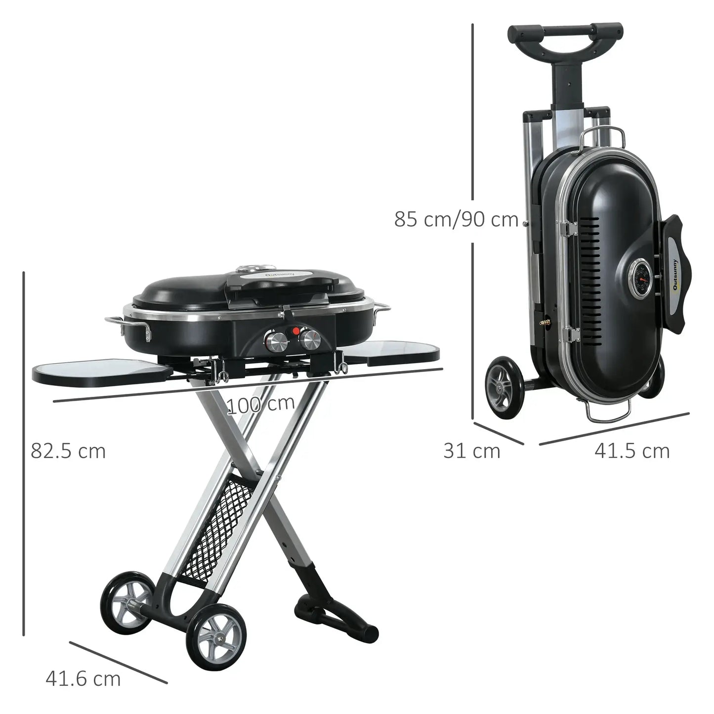 Outsunny Foldable Gas BBQ Grill 2 Burner Garden Barbecue Trolley w/ Lid Side Shelves Storage Pocket Piezo Ignition Thermometer, Aluminium Alloy 846 - 074 - Garden & Outdoor