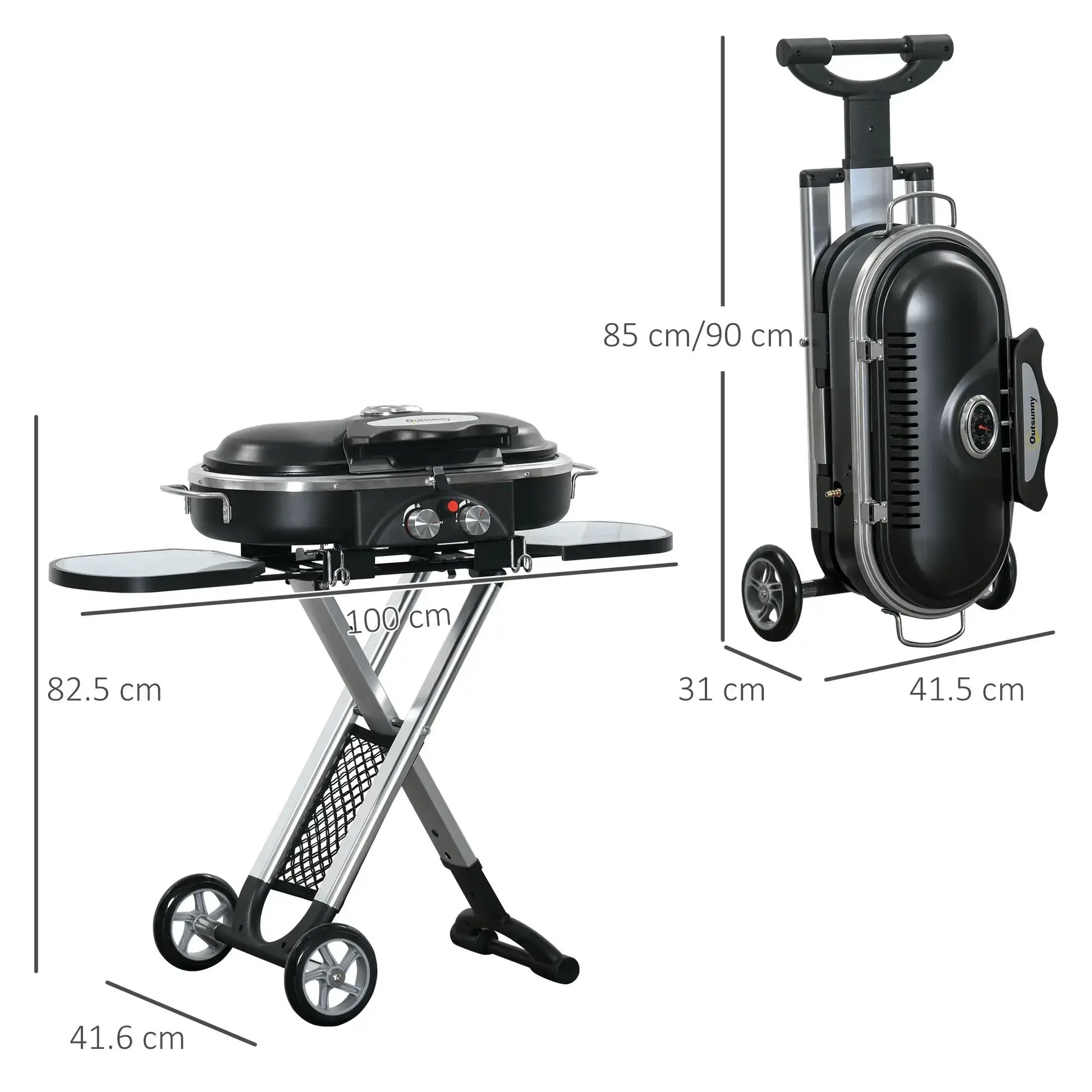 Outsunny Foldable Gas BBQ Grill 2 Burner Garden Barbecue Trolley w/ Lid Side Shelves Storage Pocket Piezo Ignition Thermometer, Aluminium Alloy 846 - 074 - Garden & Outdoor