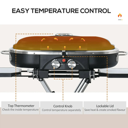 Outsunny Foldable Gas BBQ Grill 2 Burner Garden Barbecue Trolley w/ Lid Side Shelves Storage Pocket Piezo Ignition Thermometer, Aluminium Alloy 846 - 074 - Garden & Outdoor