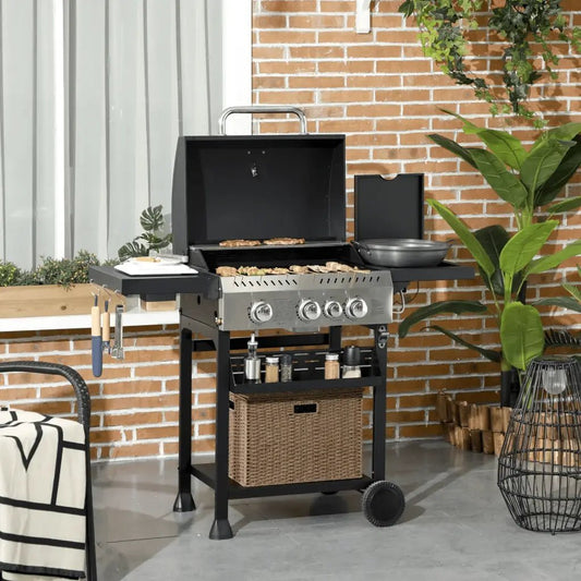 Outsunny Four - Burner Steel Gas Grill, with Thermometer - Black 846 - 136V71BK - Garden & Outdoor