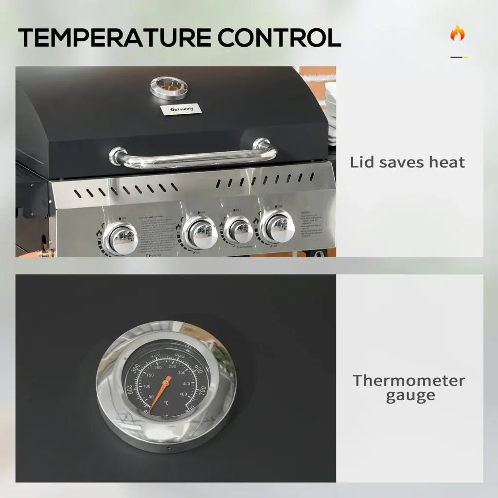 Outsunny Four - Burner Steel Gas Grill, with Thermometer - Black 846 - 136V71BK - Garden & Outdoor