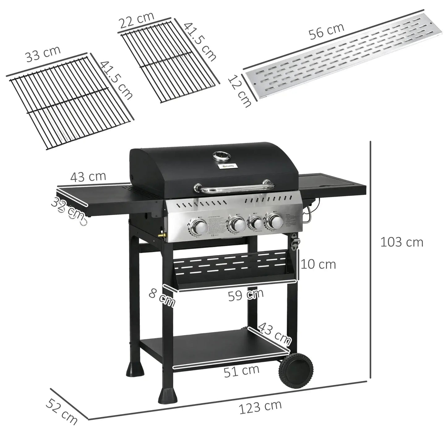 Outsunny Four - Burner Steel Gas Grill, with Thermometer - Black 846 - 136V71BK - Garden & Outdoor