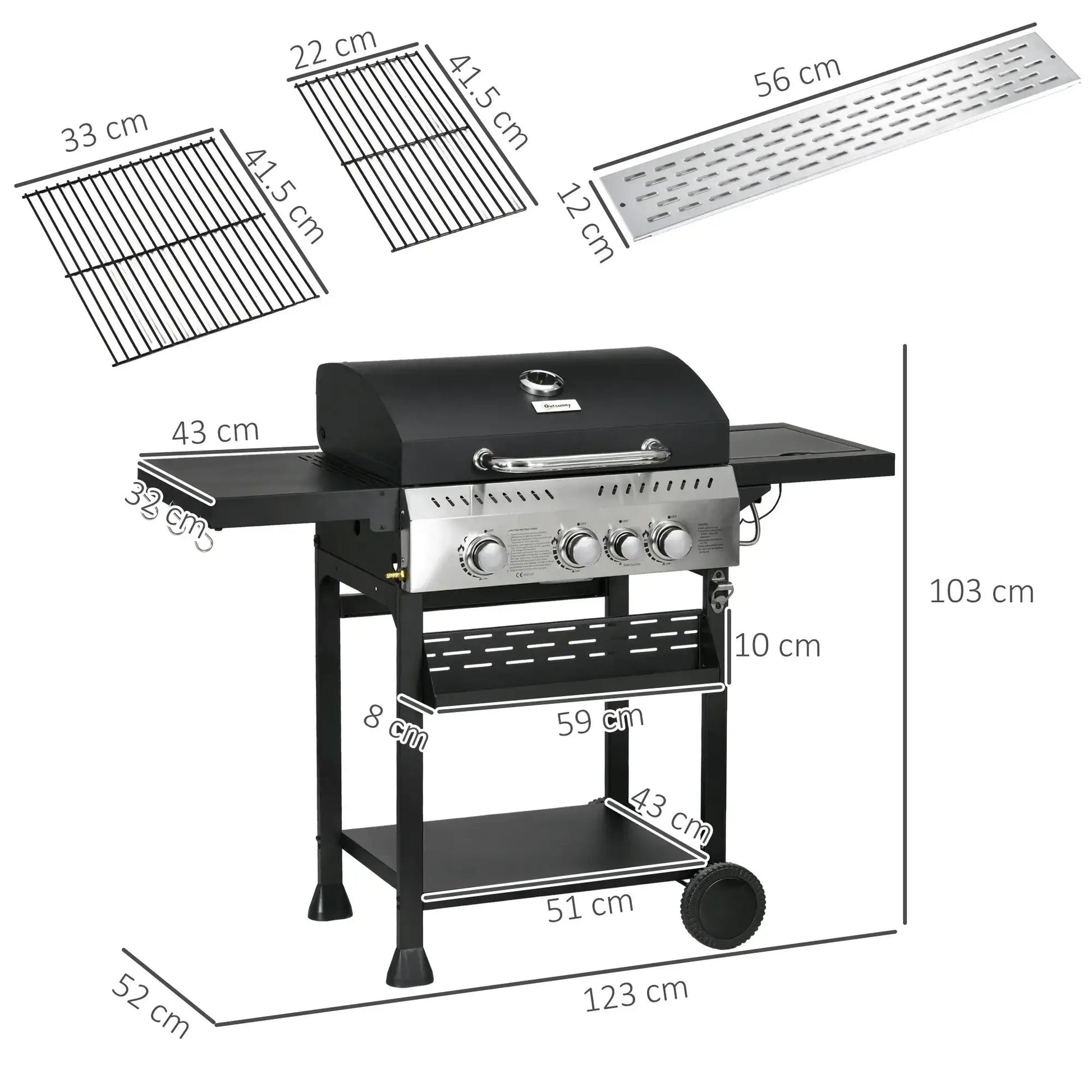 Outsunny Four - Burner Steel Gas Grill, with Thermometer - Black 846 - 136V71BK - Garden & Outdoor