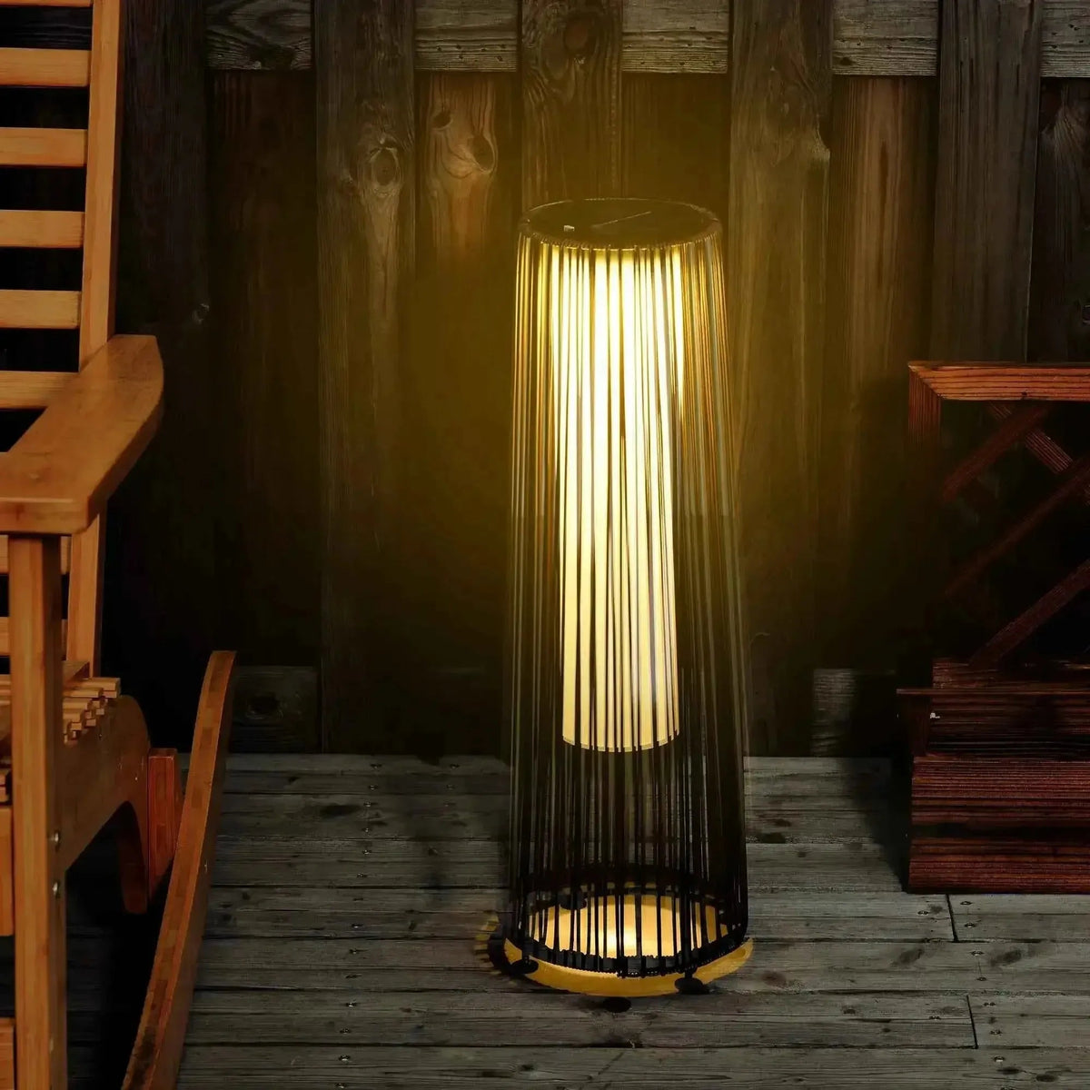 Outsunny garden solar powered woven wicker lantern floor lamp with warm glowing light and black bamboo-like slatted frame brown