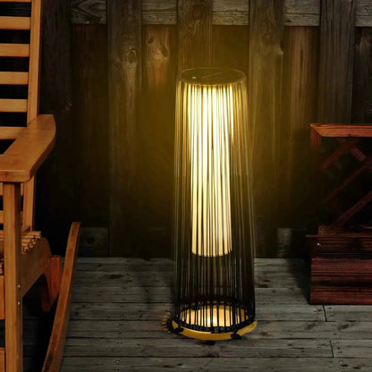 Outsunny garden solar powered woven wicker lantern floor lamp with warm glowing light and black bamboo-like slatted frame brown