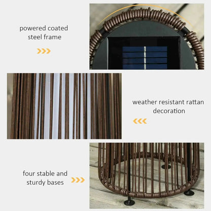 Brown rattan-wrapped solar garden lamp with powder-coated steel frame for outdoor lighting by Outsunny