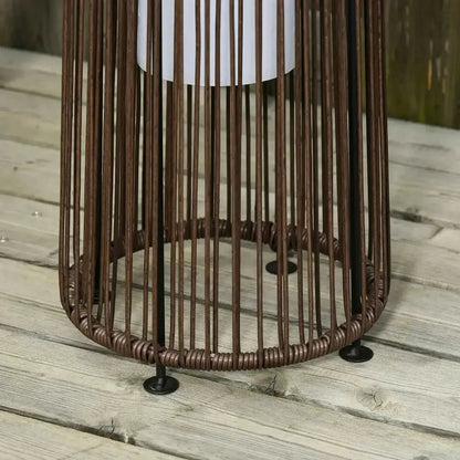 Outsunny brown woven metal garden solar powered lantern with white cylindrical lampshade and auto on off feature