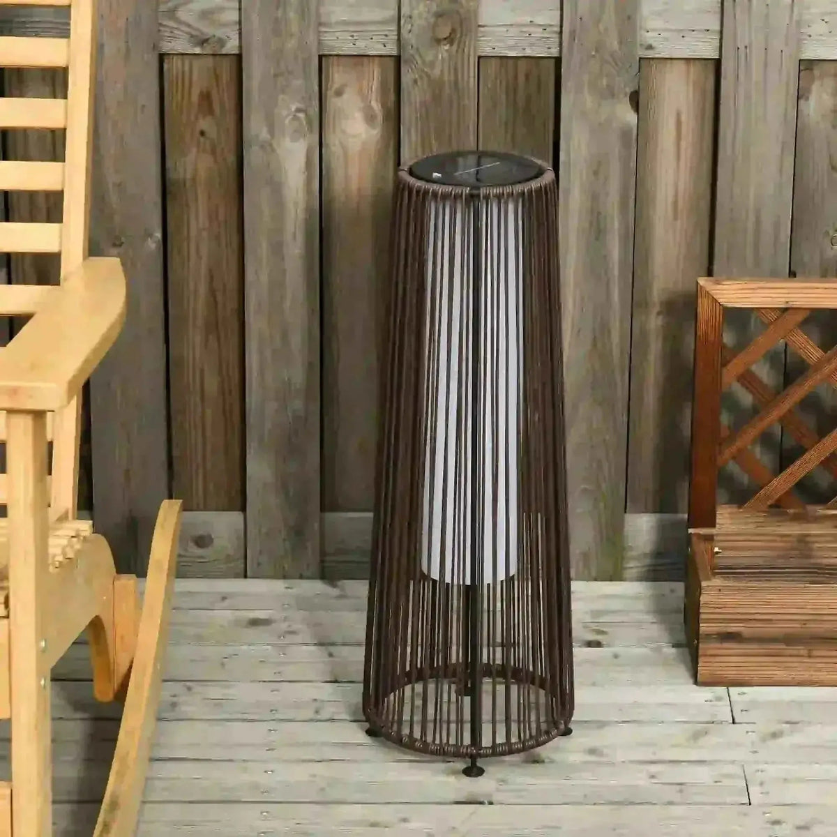 Outsunny garden solar powered brown woven rattan floor lamp with white shade and black solar panel on top