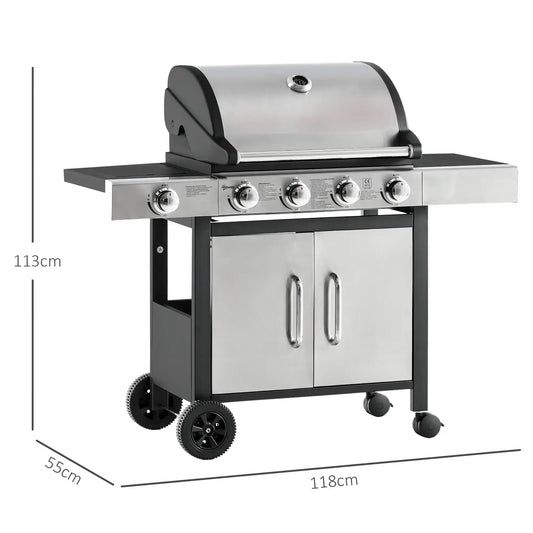 Outsunny Gas Barbecue Grill 4+1 Burner Garden Smoker BBQ Trolley w/ Side Burner Warming Rack Side Shelves Storage Cabinet Piezo Ignition Thermometer Stainless Steel + Metal 846 - 066 - Garden & Outdoor