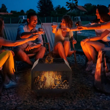 Outsunny Metal Square Fire Pit Outdoor Mesh Firepit Brazier w/ Lid, Log Grate, Poker for Backyard, Camping, Bonfire, Wood Burning Stove, 44 x 44 x 40cm, Black 842 - 090 - Garden & Outdoor