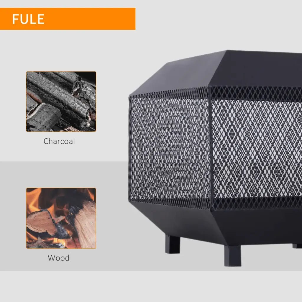 Outsunny Metal Square Fire Pit Outdoor Mesh Firepit Brazier w/ Lid, Log Grate, Poker for Backyard, Camping, Bonfire, Wood Burning Stove, 44 x 44 x 40cm, Black 842 - 090 - Garden & Outdoor