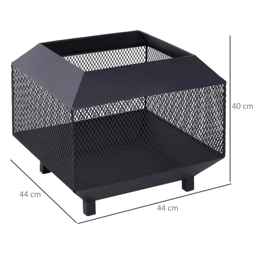 Outsunny Metal Square Fire Pit Outdoor Mesh Firepit Brazier w/ Lid, Log Grate, Poker for Backyard, Camping, Bonfire, Wood Burning Stove, 44 x 44 x 40cm, Black 842 - 090 - Garden & Outdoor