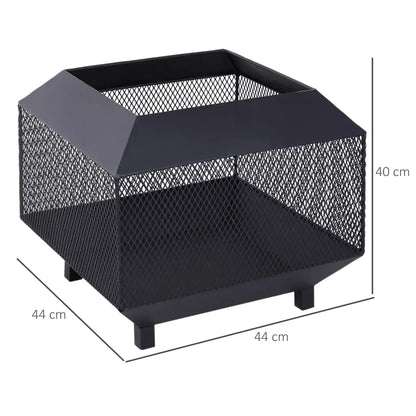 Outsunny Metal Square Fire Pit Outdoor Mesh Firepit Brazier w/ Lid, Log Grate, Poker for Backyard, Camping, Bonfire, Wood Burning Stove, 44 x 44 x 40cm, Black 842 - 090 - Garden & Outdoor