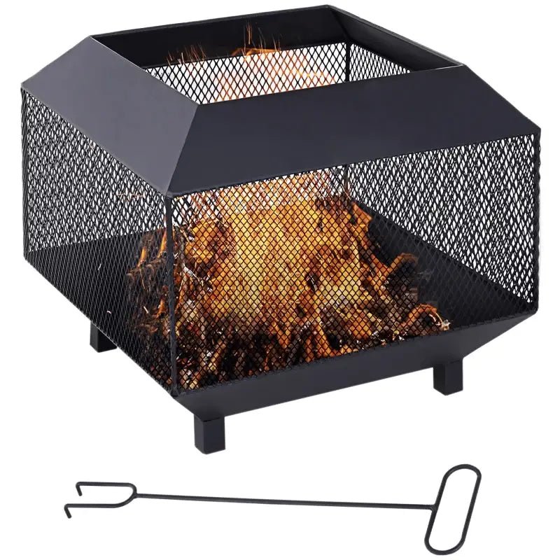 Outsunny Metal Square Fire Pit Outdoor Mesh Firepit Brazier w/ Lid, Log Grate, Poker for Backyard, Camping, Bonfire, Wood Burning Stove, 44 x 44 x 40cm, Black 842 - 090 - Garden & Outdoor