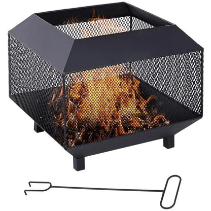 Outsunny Metal Square Fire Pit Outdoor Mesh Firepit Brazier w/ Lid, Log Grate, Poker for Backyard, Camping, Bonfire, Wood Burning Stove, 44 x 44 x 40cm, Black 842 - 090 - Garden & Outdoor