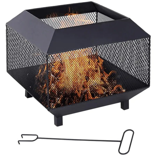 Outsunny Metal Square Fire Pit Outdoor Mesh Firepit Brazier w/ Lid, Log Grate, Poker for Backyard, Camping, Bonfire, Wood Burning Stove, 44 x 44 x 40cm, Black 842 - 090 - Garden & Outdoor