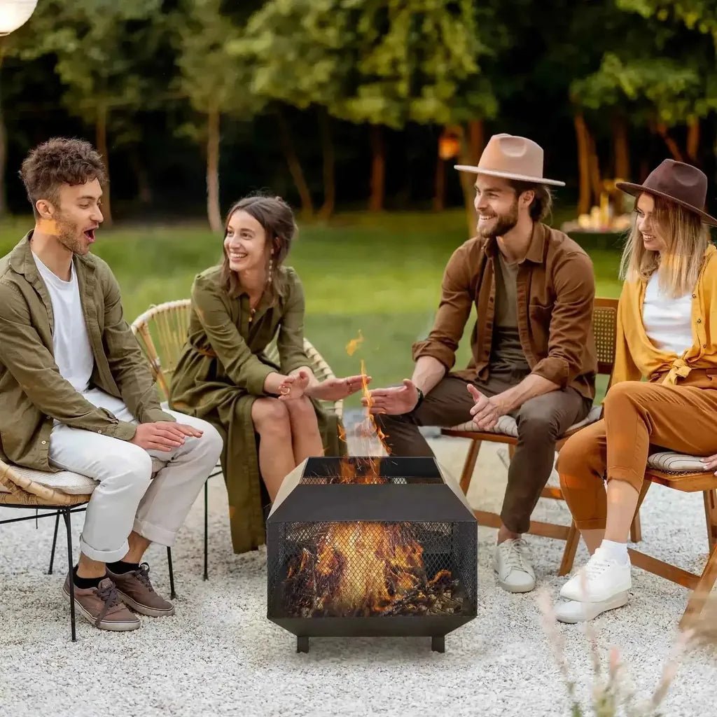 Outsunny mesh square fire pit with lid and poker black metal fire pit with mesh sides for outdoor use