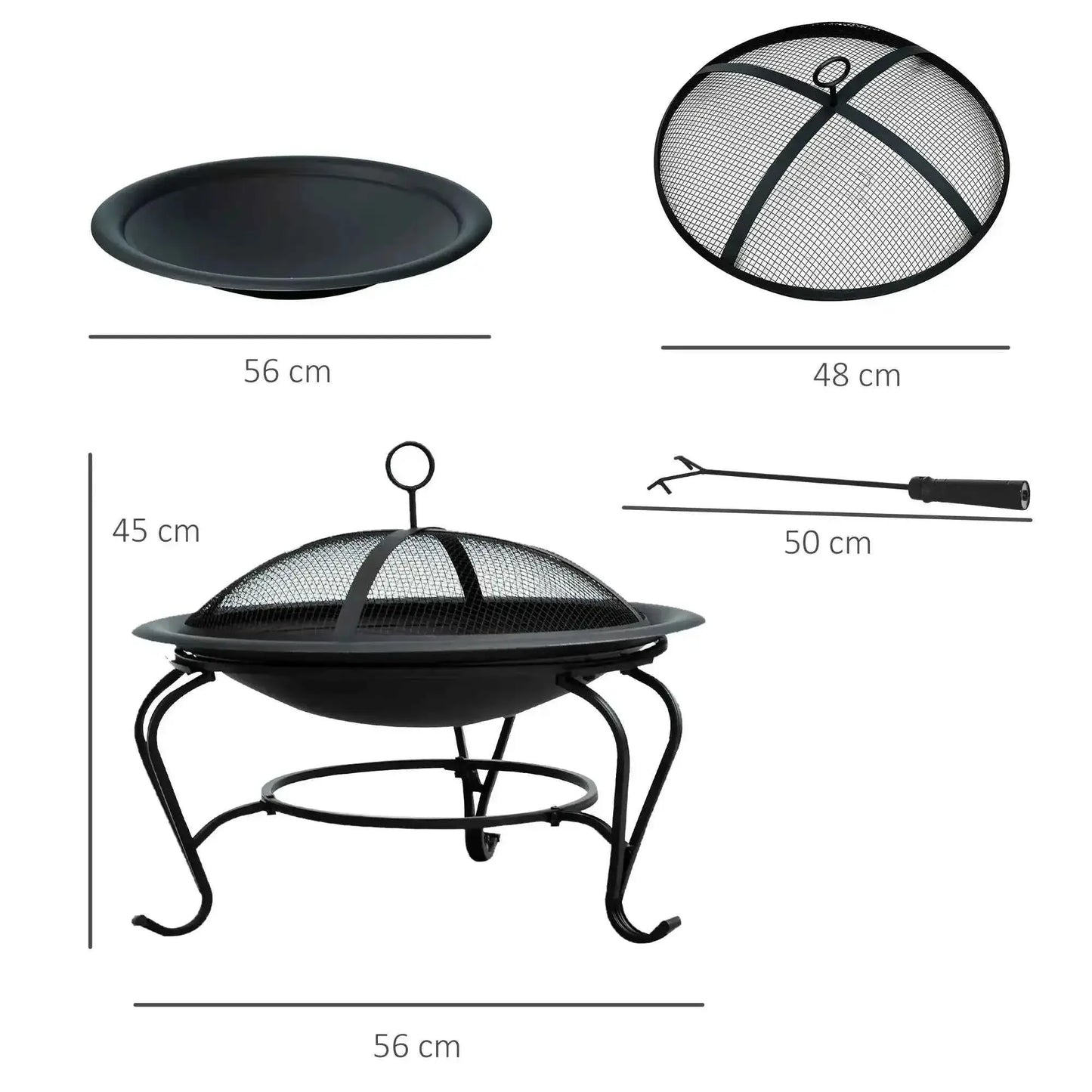 Outsunny Round Fire Pit Bowl with Lid, Log Grate & Poker - Black | 842-024