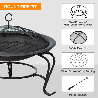 Outsunny Round Fire Pit Bowl with Lid, Log Grate & Poker - Black | 842-024