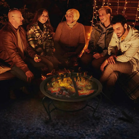 Outsunny Round Fire Pit Bowl with Lid, Log Grate & Poker - Black | 842-024