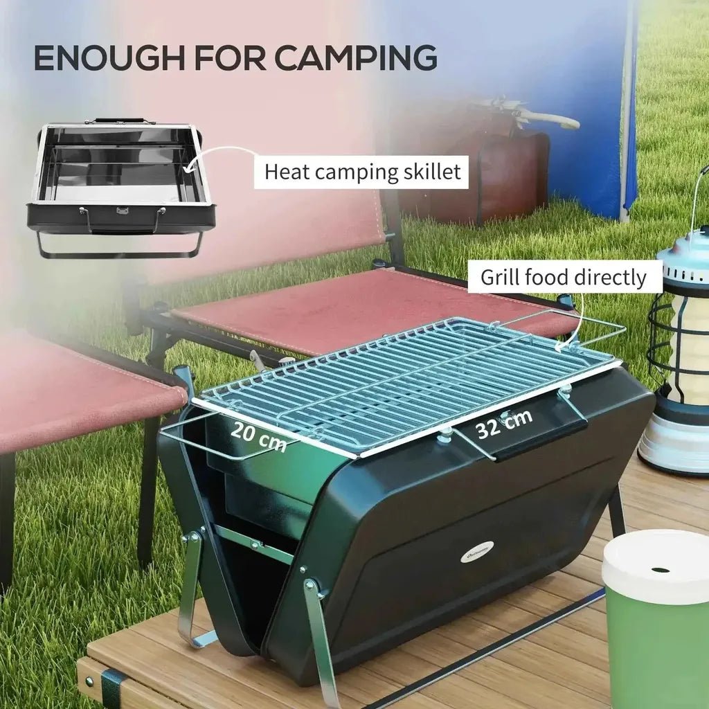 Outsunny metal foldable camping grill in black and green with metal grate for portable direct grilling