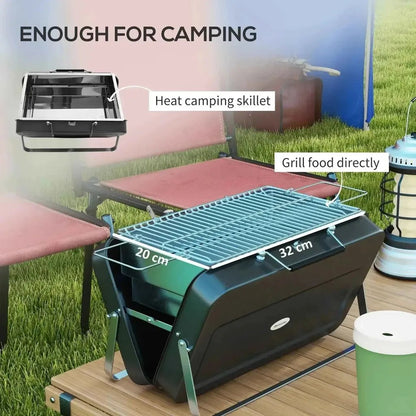 Outsunny metal foldable camping grill in black and green with metal grate for portable direct grilling