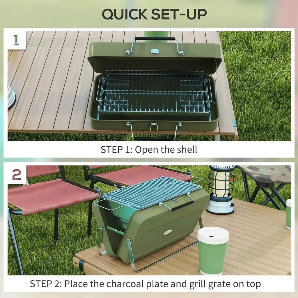 Outsunny olive green metal portable folding grill with handles and metal grates for outdoor BBQ use