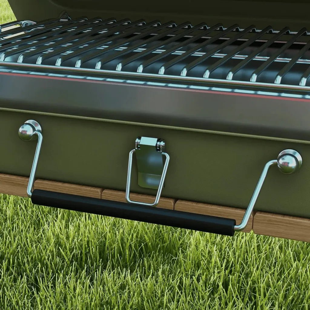 Outsunny metal suitable-style portable bbq grill in olive green with black rubber handle and silver metal latches